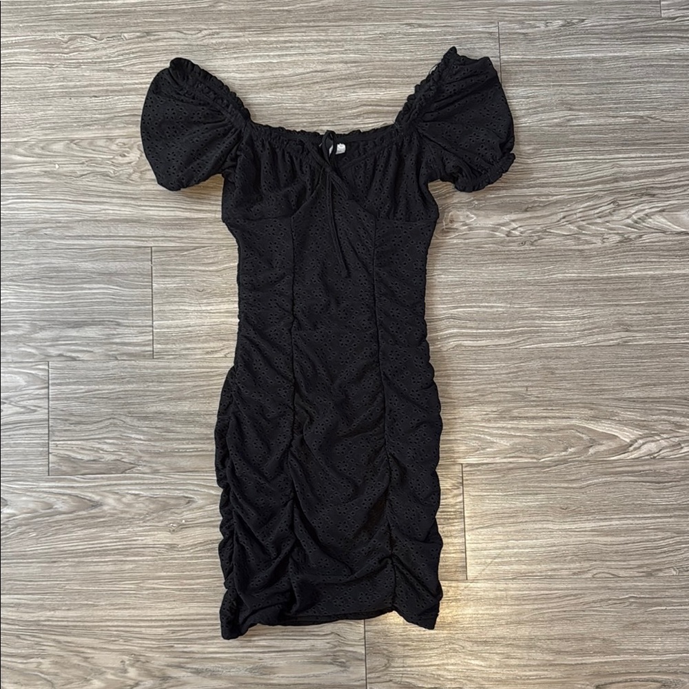 Divided Black Puff Sleeve Mini Dress